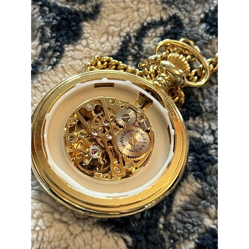 Colibri London Quartz Pocket Watch Gold Tone Roman Numerals Day Date Vtg W Box - Picture 2 of 9